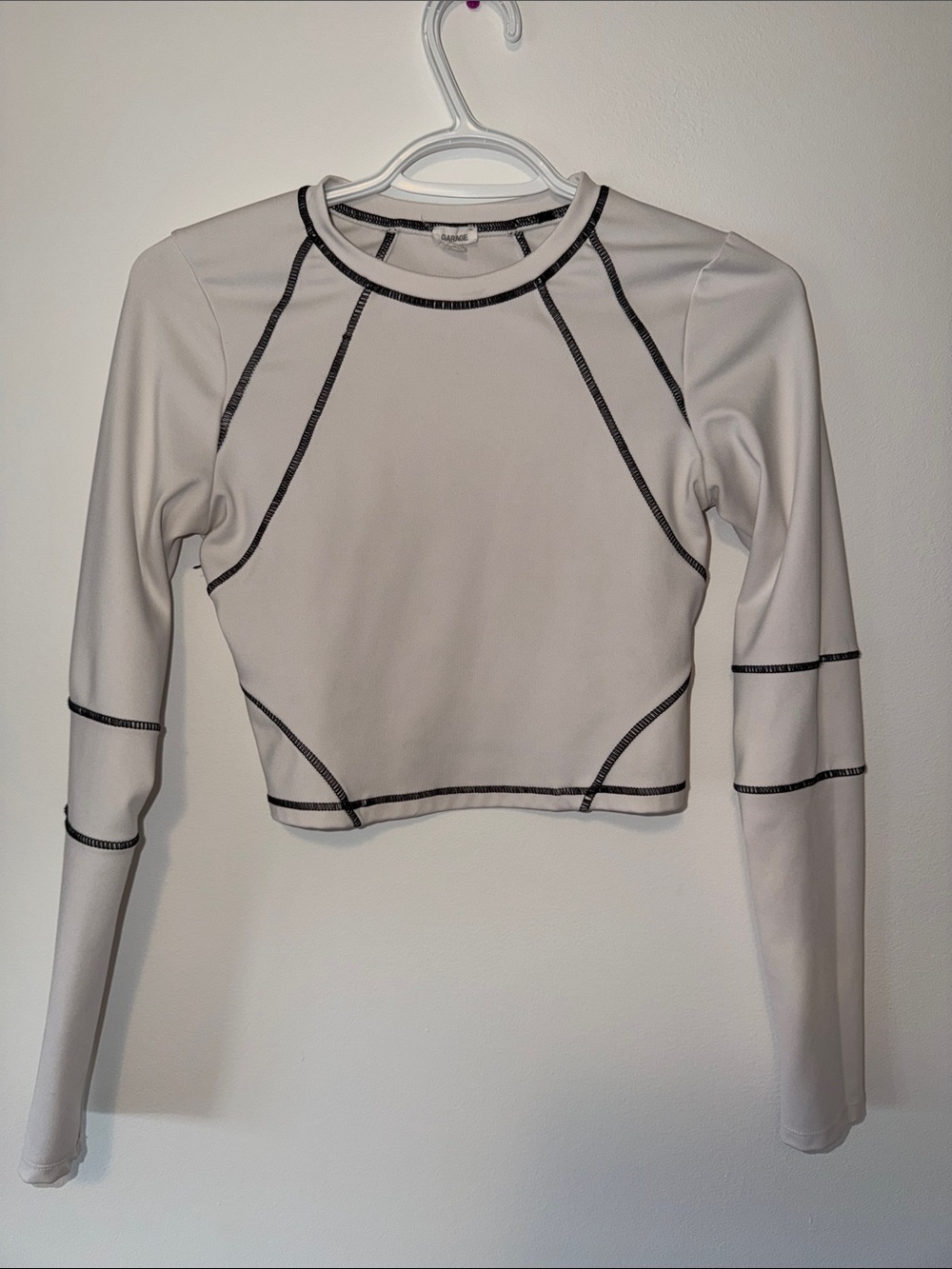 Garage White Contrast Stitch Long Sleeve Crop Top Size S Y2K
